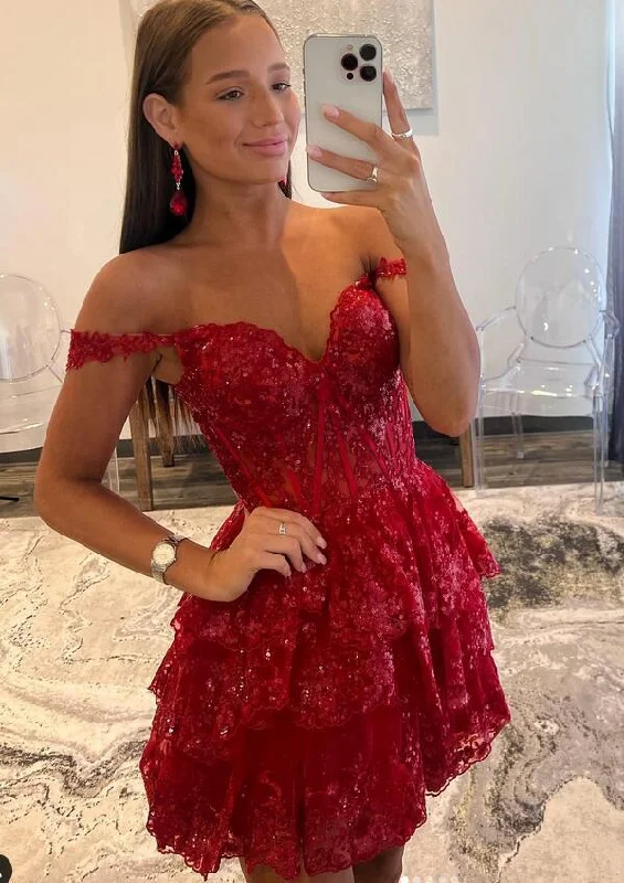 sweetheart neckline prom dressesRed Short Homecoming Dress Straps Sequined Prom Dress Tulle Multi-Layers