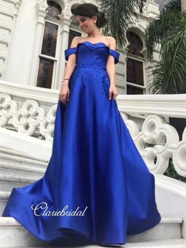 silk prom dressesRoyal Blue Off The Shoulder Prom Dresses Long, A-line Prom Dresses