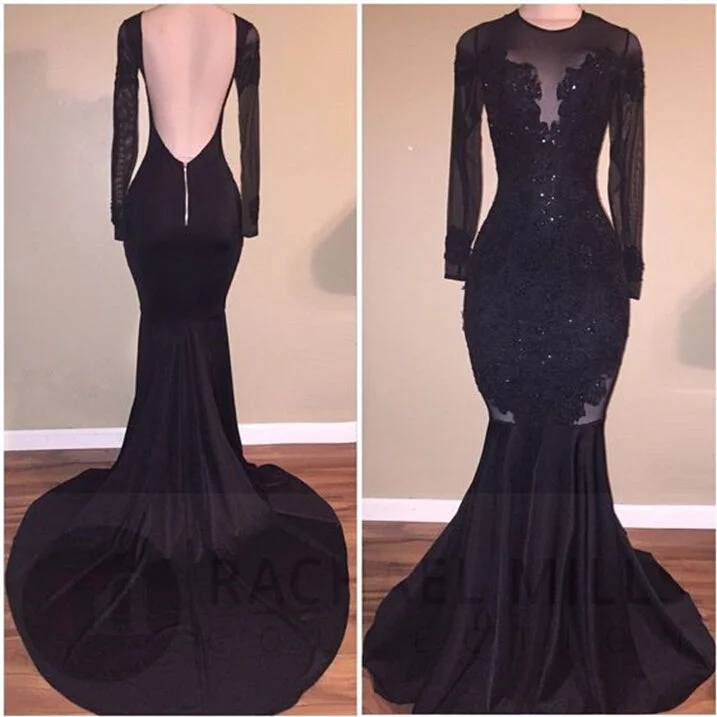 illusion neckline prom dressesSexy Mermaid Tulle Long-Sleeves Black Prom Dresses