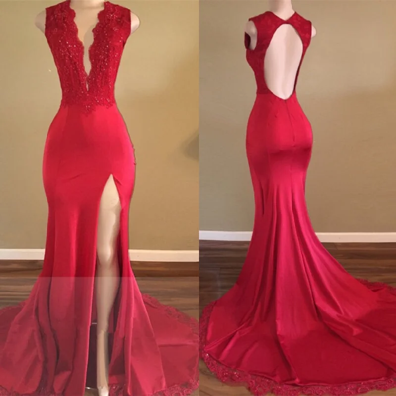 animal print prom dressesSexy Split Backless V-neck Lace Red Prom Dresses