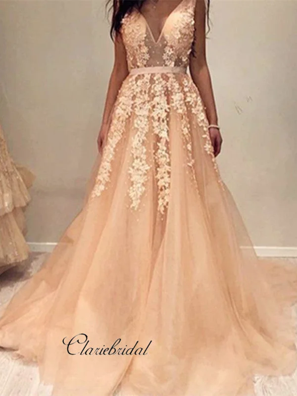 fitted prom dressesSexy V-neck Lace Prom Dresses, A-line Lace Tulle Prom Dresses