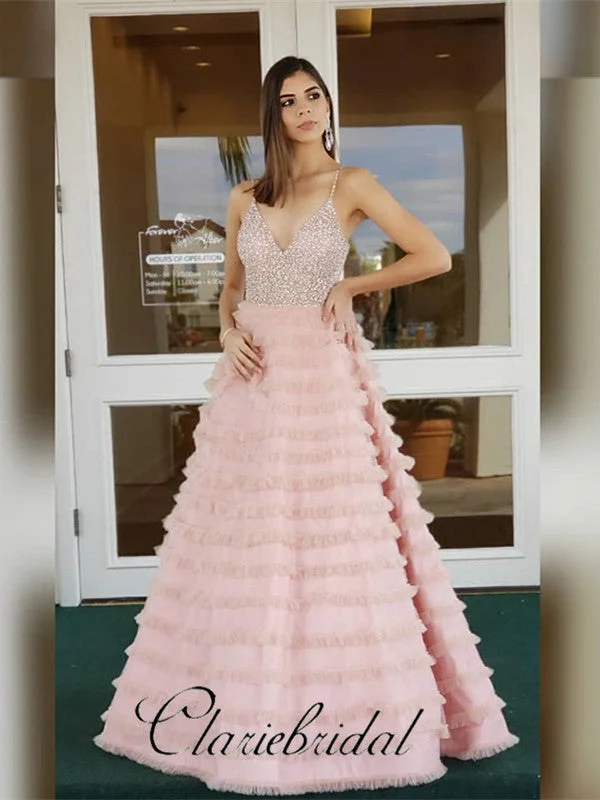 budget-friendly prom dressesSpaghetti A-line Beaded Pink Prom Dresses, Long Fluffy Prom Dresses, Prom Dresses