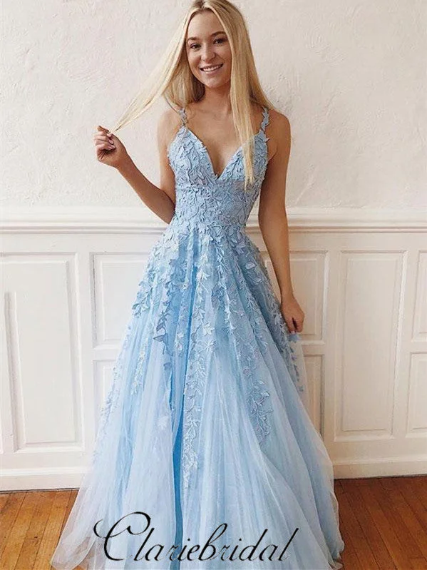 prom dress inspiration galleriesSpaghetti Long A-line Light Blue Lace Tulle Prom Dresses, Newest Prom Dresses