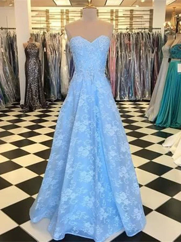 prom dresses for tall girlsStrapless Blue Lace Prom Dresses, A-line Lace Long Prom Dresses