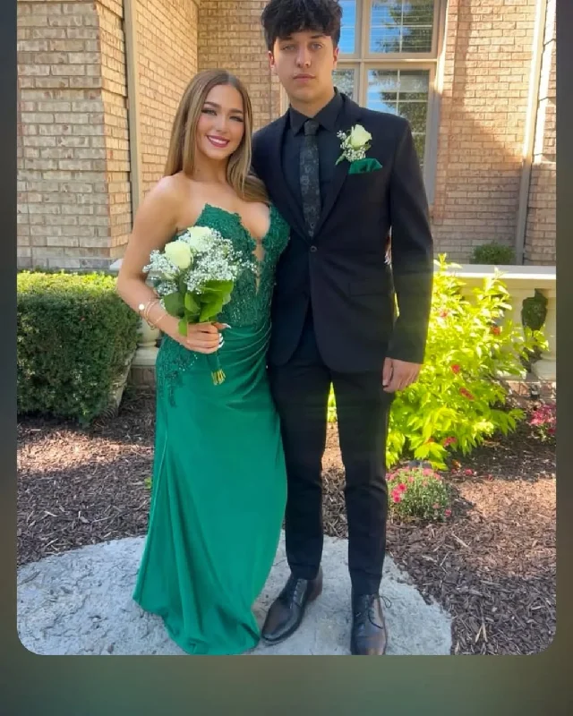 prom dresses for hourglass figuresStrapless Green Lace Prom Dress 2025 Mermaid Beaded Formal Gown