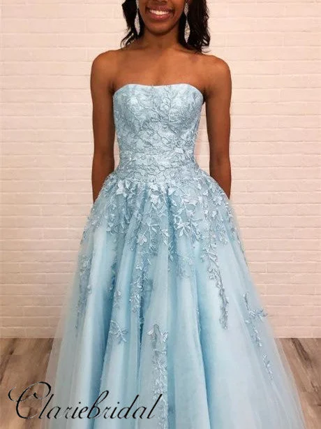 prom dress try-on ideasStrapless Light Blue Lace A-line Tulle Prom Dresses, Long Prom Dresses, Prom Dresses