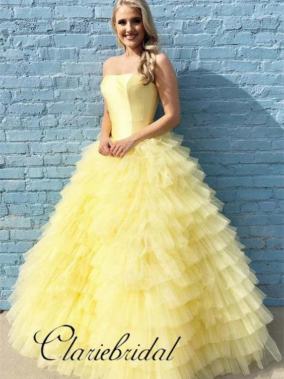 bodycon prom dressesStrapless Yellow Prom Dresses, Fluffy Prom Dresses, Ball Gown, Princess Dresses