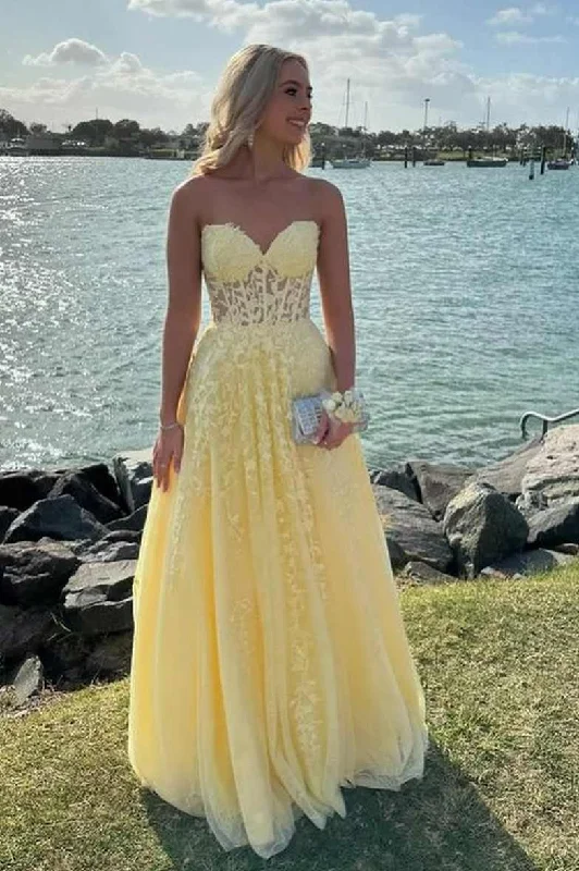 chiffon prom dressesStrapless Yellow Prom Dresses Lace A-Line Formal Wear Online