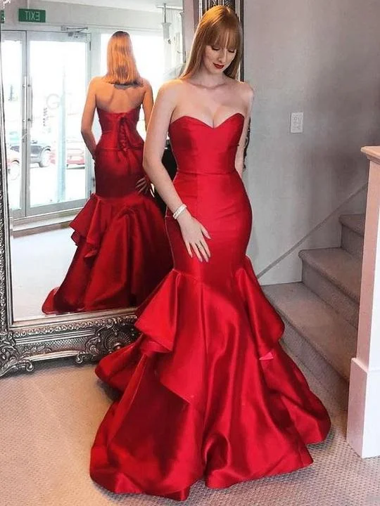 bespoke prom dressesSweetheart Red Elastic Satin Prom Dresses, Lace Up Prom Dresses, Long Prom Dresses