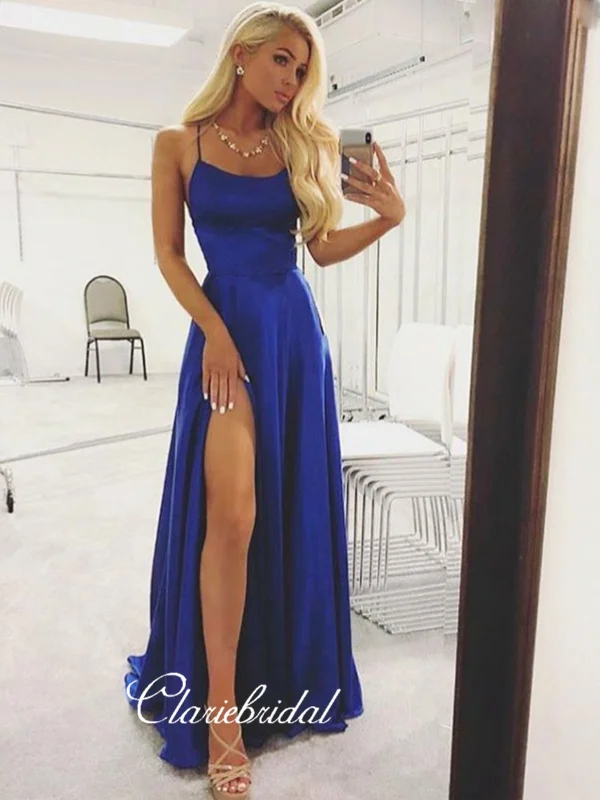 convertible prom dressesTrendy Royal Blue Slit Prom Dresses, Open Back Sexy Prom Dresses