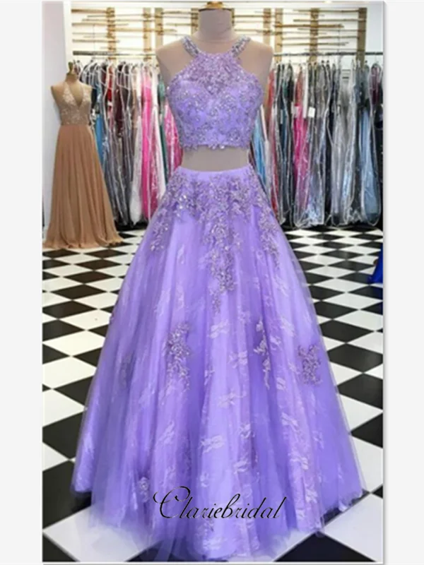 mid-length prom dressesTwo Pieces Purple Lace Elegant Prom Dresses, Popular Long Prom Dresses