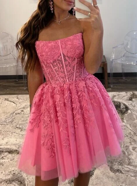 sleeveless prom dressesUK Short Lace Homecoming Dress Pink Prom Dress 2025 Strapless