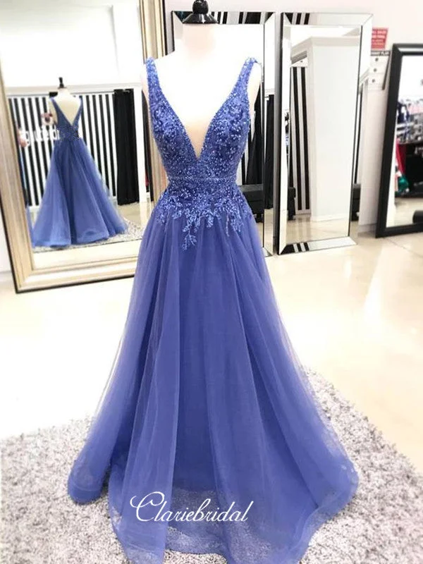 beaded prom dressesV-neck A-line Lace Long Prom Dresses, Latest Prom Dresses 2019