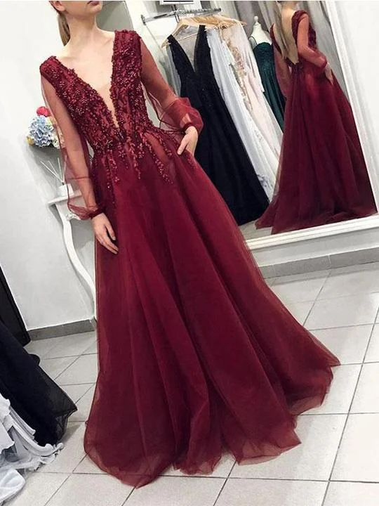 two-piece prom dressesV-neck Burgundy Tulle Beaded Prom Dresses, Long Sleeves Prom Dresses, Prom Dresses