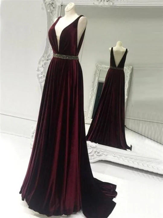 prom dress try-on ideasV-neck Burgundy Velvet Prom Dresses, A-line Prom Dresses, Cheap Prom Dresses