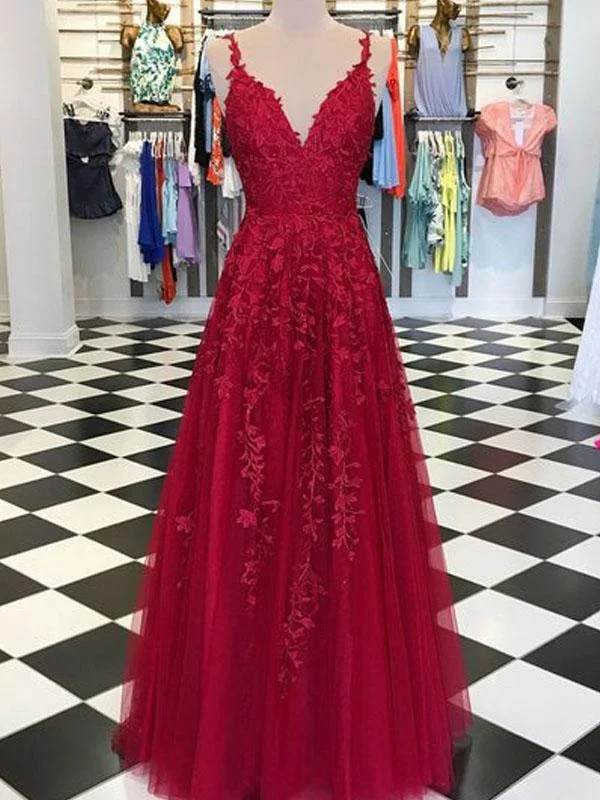 spaghetti strap prom dressesV-neck Long A-line Lace Tulle Prom Dresses, Popular Prom Dresses, Cheap Prom Dresses