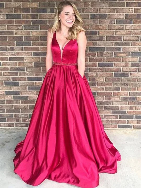 prom dress accessoriesV-neck Long A-line Red Satin Beaded Prom Dresses, Elegant Prom Dresses, Prom Dresses