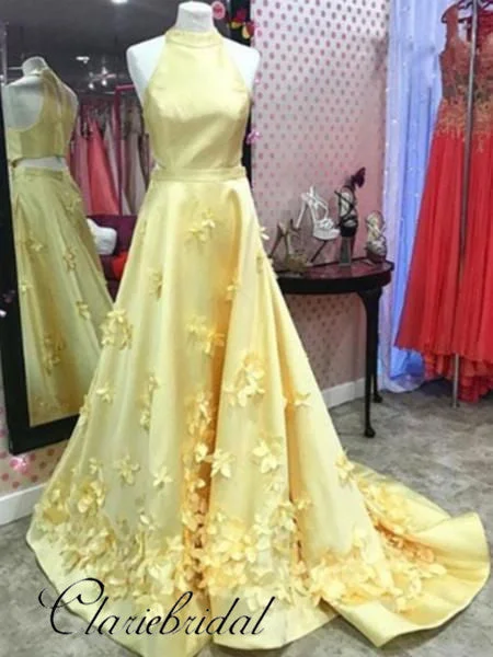 prom dress preservationYellow Satin 3D Floral Prom Dresses, Long Prom Dresses, Popular Prom Dresses